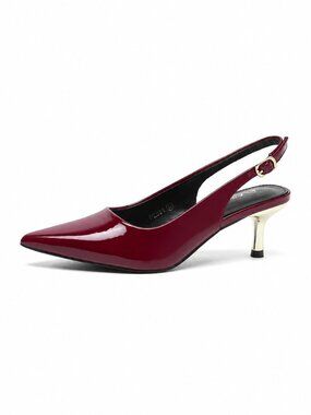 Women Burgundy Low Kitten Heel Slingback Pump Pointed Toe Heeled Sandals